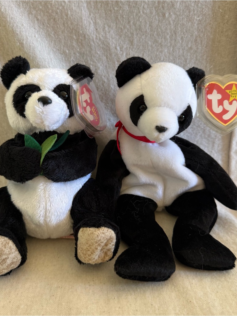 Ty Black & White Panda Beanie Plush Pair with Heart Tags